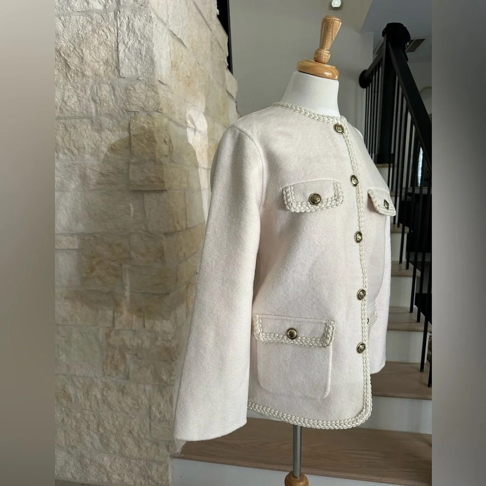 Sandro Cream Preppy Coat with Braided Trim - Picture 9 of 11